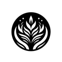 Abstract black circle featuring stylized white leaves, suggesting a flourishing plant with subtle dot accents, creating a minimalist and modern aesthetic. vector