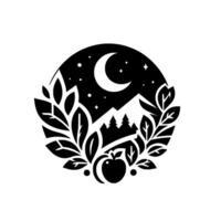 Black and White Apple Night Scene, Crescent Moon, Stars, Mountains, Forest Silhouette, Leafy Branches in a Circle Frame. vector