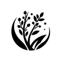 Stylized Black and White Botanical Illustration A symmetrical featuring plant branches with berries and leaves contained within a curved border on a white background. vector