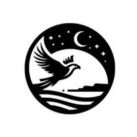 A stylized black and white circular emblem featuring an eagle soaring at night, with a crescent moon, stars, and a seascape silhouette, symbolizing freedom and adventure. vector
