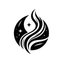 Abstract black and white of a celestial design, moon and flowing wave or flame with stars, perfect for mystical themes. vector
