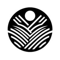 Minimalist Black and White Logo Abstract Landscape with Sun and Field Lines, Enclosed in a Circle. vector