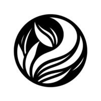 Symbolic Minimalist Black and White Logo Abstract botanical illustration within a circle, featuring stylized leaves and flowing lines. vector