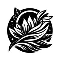 Artistic black and white emblem featuring a stylized flower, enclosed within a circle adorned with leaves and stars, creating a serene and elegant composition. vector