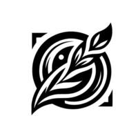 A stylized, black and white design, featuring a circular element with nested curves, a dot, and an elongated leaf element extending from the topright, all enclosed within a square outline. vector