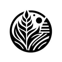 Geometric botanical illustration within a black circular frame featuring stylized leaves, sun, and other abstract elements. vector