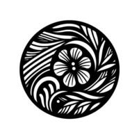 Intricate black and white circular floral design, featuring a stylized flower at the center, with swirling leaves and patterns, against a clean white background. vector