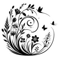 Elegant Floral and Butterfly Silhouette A Black and White Composition of Blossoms, Swirls, and Winged Creatures on a White Background. vector