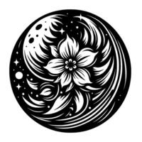 Circular Black and White Illustration Detailed Floral with Whimsical Celestial Elements like Moons, Stars, and Streaks, creating a balanced composition. vector