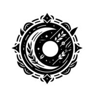 Intricate black and white celestial mandala featuring a crescent moon, stars, and botanical elements within an ornamental circular frame. vector