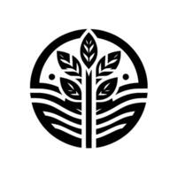 A minimalist, circular emblem depicting a stylized tree with leaves, set within a black outline, over layered lines that might represent water, all in a stark black and white design. vector