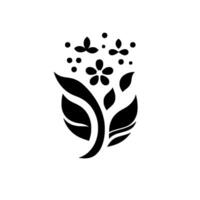 Minimalist Black Floral Motif Featuring Stylized Leaves, Flowers, and Dots Against a White Background, Exuding Modern Elegance. vector