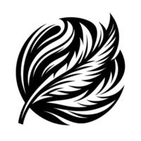 A stylized, black and white illustration of a featherlike enclosed within a circular frame, exuding a bold, graphic, and modern aesthetic. vector