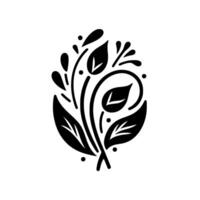 Elegant Black and White Floral Motif A stylized botanical featuring leaves, flowing lines, and delicate droplet accents, presented on a stark white background. vector