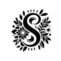 Elegant Monochromatic Floral Featuring a Decorative S with Flourishes of Leaves, a Central Flower, and Sun Elements, Isolated on a Clean White Background. vector