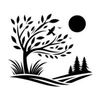 A stylized silhouette of a tree with a flying bird and foliage, set against a moon and rolling hills, capturing a serene, minimalist landscape. vector