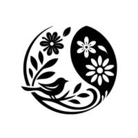 A stylized black and white yinyang composition, featuring a perched bird, floral elements, and leaves within a circular border, conveying balance. vector