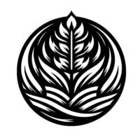 Stylized Black and White Floral Emblem A symmetrical illustration of a central leaf stem surrounded by curving petals within a circular frame. vector