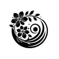 Monochromatic Floral Design Elegant Black and White Circle Composition with Two Flowers, Leaves, and Ornate Swirls on White Background vector