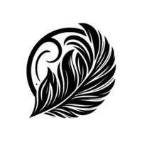 Black and White Stylized Feather within an Oval Frame, Featuring Ornamental Details and Clean Lines on a White Background. vector