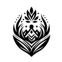 A symmetrical black and white, teardropshaped abstract featuring intricate stylized floral and geometric elements, with a minimalist aesthetic. vector