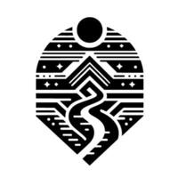 Geometric black and white minimalist illustration of a stylized landscape within an oval shape. The features a mountain, river, stars, and moon. vector