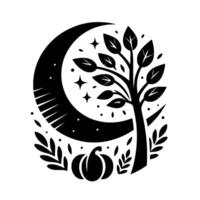 A minimalist monochrome illustration depicts a crescent moon encompassing a silhouetted tree with leaves, twinkling stars, a pumpkin, and surrounding botanical elements creating a peaceful, autumnal s vector