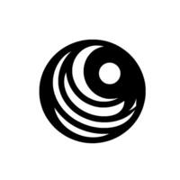 Abstract black and white featuring a circular composed of curved lines, a crescent shape and a small dot, on a solid white background. vector