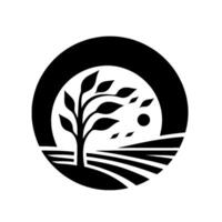 Minimalist monochrome emblem featuring a tree, field, and sun in a circular frame, evoking nature, growth, and tranquility. vector