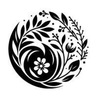 A monochrome floral composition, featuring a white flower at the center, surrounded by swirling black foliage, leaves, and berries, forming a circular decorative pattern against a white backdrop. vector