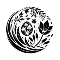 A circular black and white botanical illustration featuring an Easter egg surrounded by floral elements, leaves, and abstract shapes, evoking a sense of Spring and renewal. vector