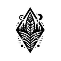 A symmetrical black and white geometric featuring a central stylized leaf encompassed by a diamondshaped frame, evoking nature, with abstract elements. vector