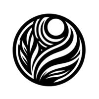 Intricate black and white circular featuring organic forms, including leaves and flowing lines, a minimalist aesthetic. vector