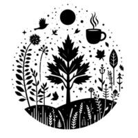 Whimsical Monochrome Illustration Tree, Coffee, Birds, and Botanical Elements Within a Circular Composition, Evoking a Peaceful, NatureInspired Atmosphere. vector
