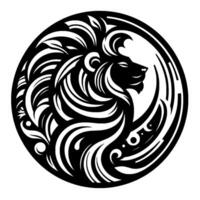 A stylized lions profile within a circle, crafted from flowing black and white lines, evoking strength and elegance, perfect for a design. vector