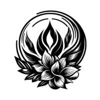 Intricate Black and White Floral Design A symmetrical composition featuring a stylized lotuslike flower encompassed by a circular frame of stylized leaves and flamelike shapes, all against a pristi vector