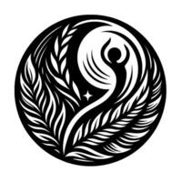 An elegant, minimalist features a black and white circular composition, depicting a figure with raised arms embraced by stylized foliage and a crescent shape, encircled by intricate leaf patter vector