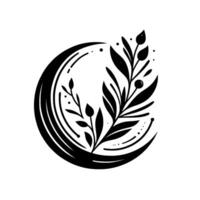 Elegant black and white minimalist illustration featuring a crescent moon cradling stylized leaves and berries, set against a pure white background. vector