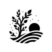 A stark, minimalist illustration depicting a silhouetted tree with budding leaves, nestled beside a stylized sun and rolling hills, and subtle dot accents, on a clean white canvas. vector
