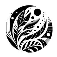 Abstract Black and White Composition A stylized, organic circular featuring botanical and geometric elements. Intricate textures varying dot patterns create depth. vector