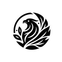 A stylized black and white logo, featuring an eagle with outstretched beak, encircled by a ring and elegant stylized leaves, on a plain white background, evoking strength and nature. vector