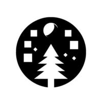 A stylized black and white winter night scene inside a circle a fir tree under a crescent moon, surrounded by geometric shapes and diamonds. vector