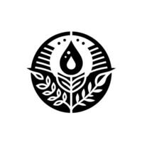 Stylized Black and White Circular Emblem Leafy Base with a Water Droplet Center within a Circle, Suggesting Nature and Sustainability. vector