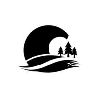 A minimalist black and white featuring a stylized eagle incorporated into a wave, sunrise, and forest scene. vector