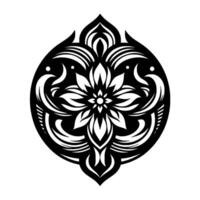 Symmetrical Black and White Floral Mandala in an Oval Shape with Ornate Details and Intricate Elements, Resembling a Decorative Art Piece. vector