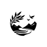 Black and white circular featuring a stylized landscape with mountains, river, tree branches, and two birds in flight. vector