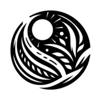 A symmetrical, monochrome artwork depicting a sun emblem amidst stylized organic shapes and a circular border, resembling tribal art. vector