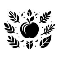Stylized black and white art of a central apple encircled by leaf and berrylike organic elements. vector