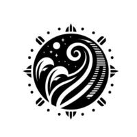 Intricate black and white circular merging celestial elements like stars and moon with oceanic waves, within a border of stylized symbols. vector