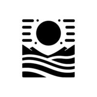 Monochromatic minimalist landscape art, featuring stylized sun, mountains, layered water lines, and stacked horizontal lines representing a serene nature scene. vector